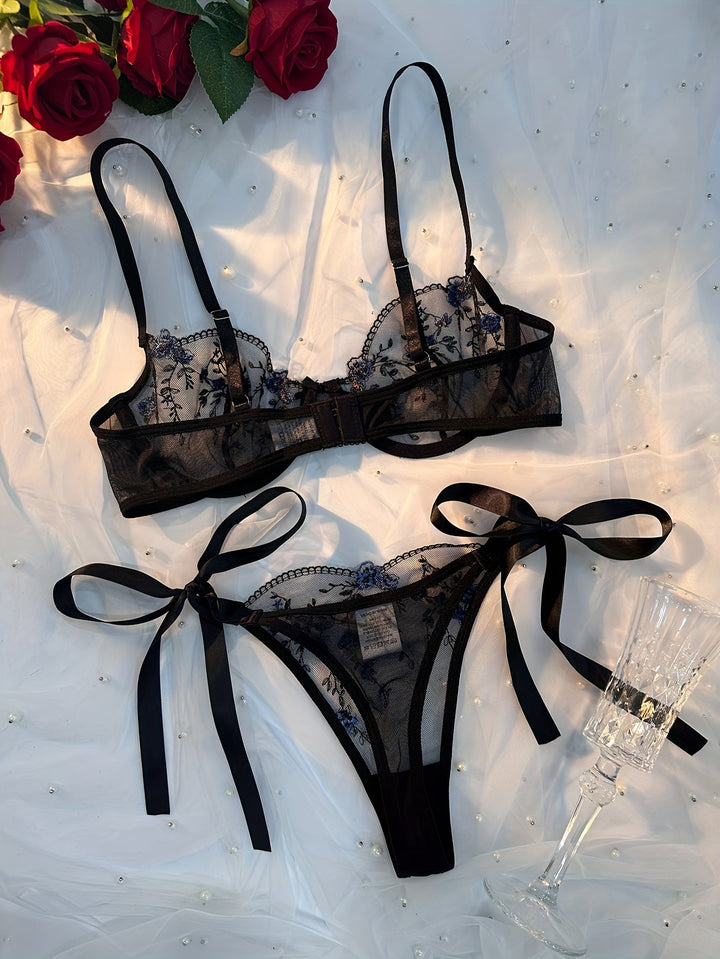 VYNARA™ | Black Embroidered Mesh Lingerie Set