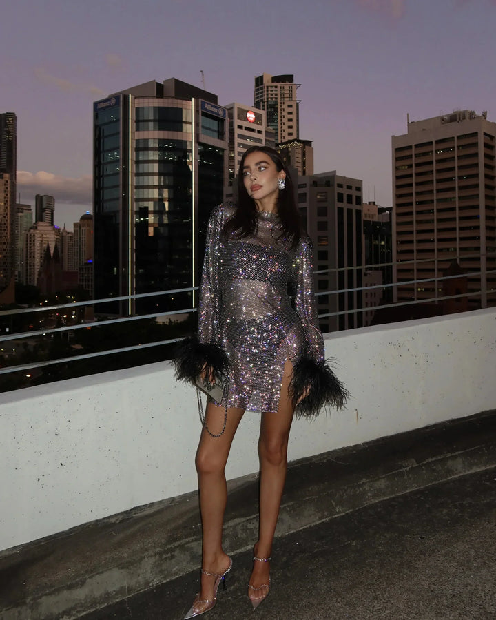 LEONIE™ | Metallic Sheer Cuff Feather Mini Dress