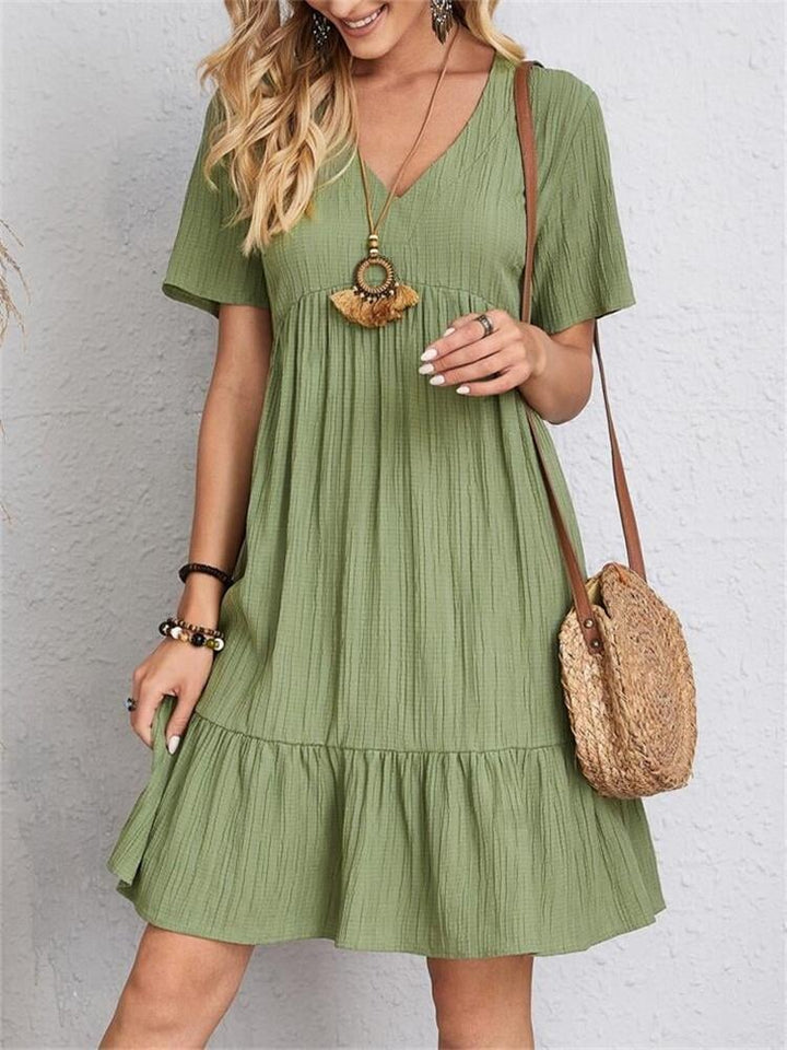 JADE™ | Pleated Bohemian V-Neck Dress