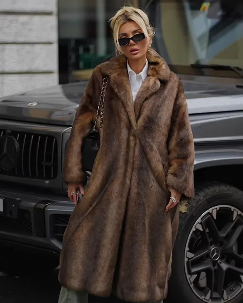 CASSIE™ | Brown Faux Fur Long Overcoat