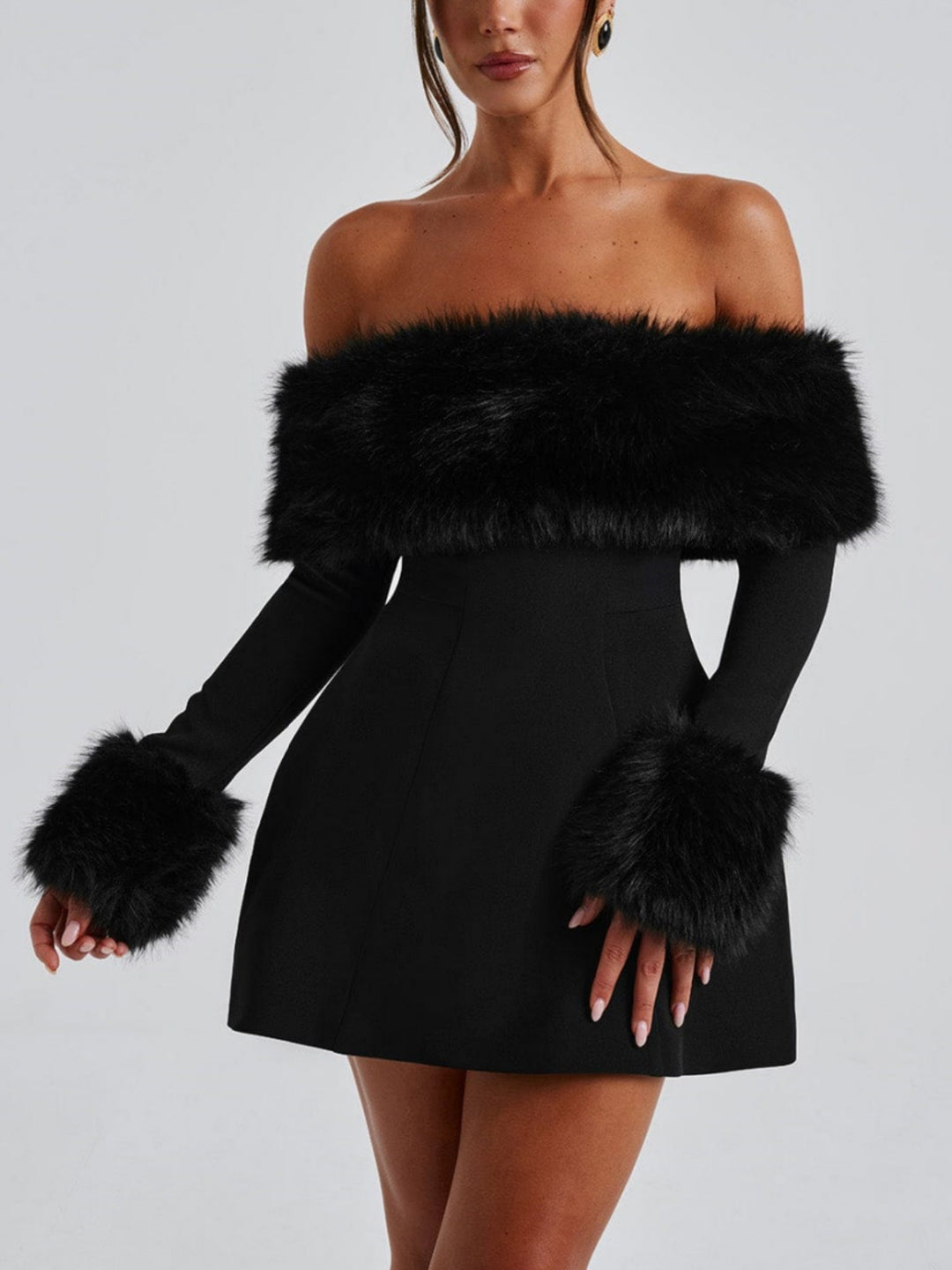 VALENTINE™ | Off-Shoulder Fur Sleeve Mini Dress