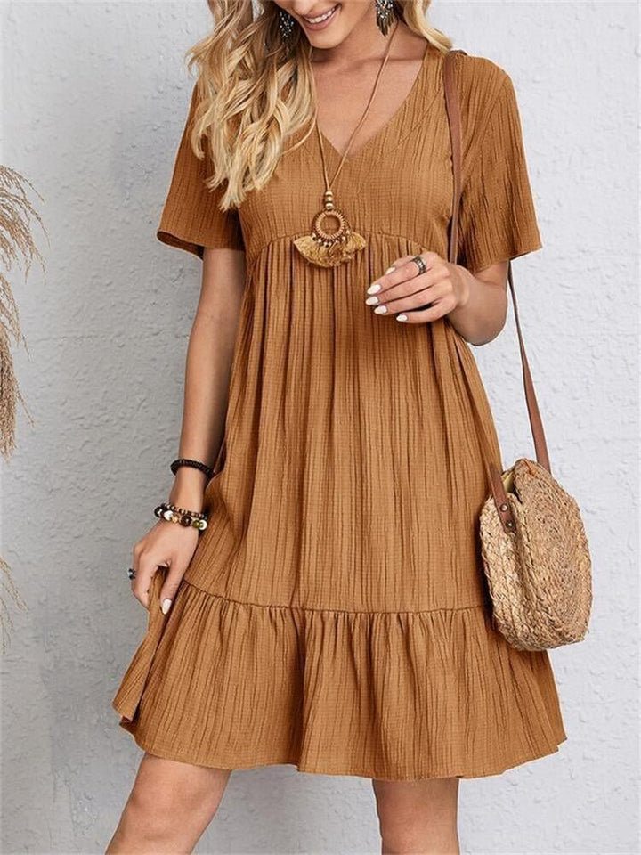 JADE™ | Pleated Bohemian V-Neck Dress