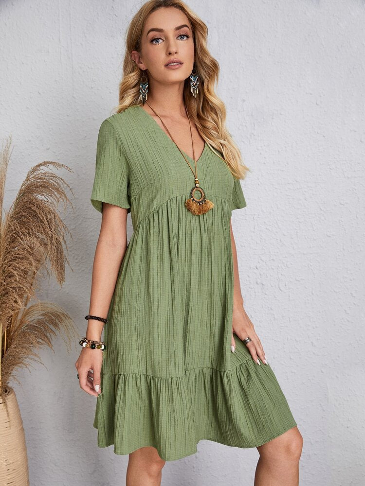 JADE™ | Pleated Bohemian V-Neck Dress