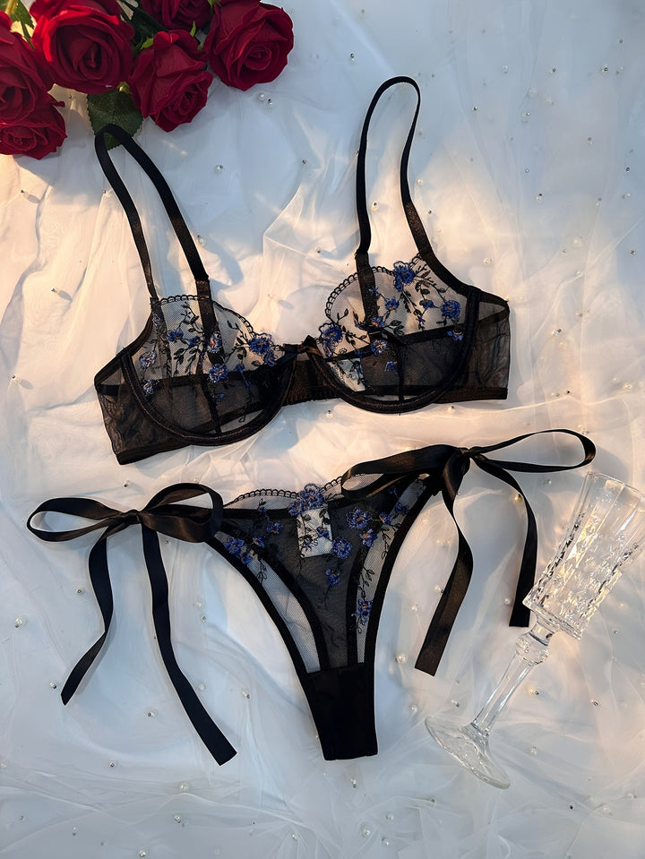 VYNARA™ | Black Embroidered Mesh Lingerie Set