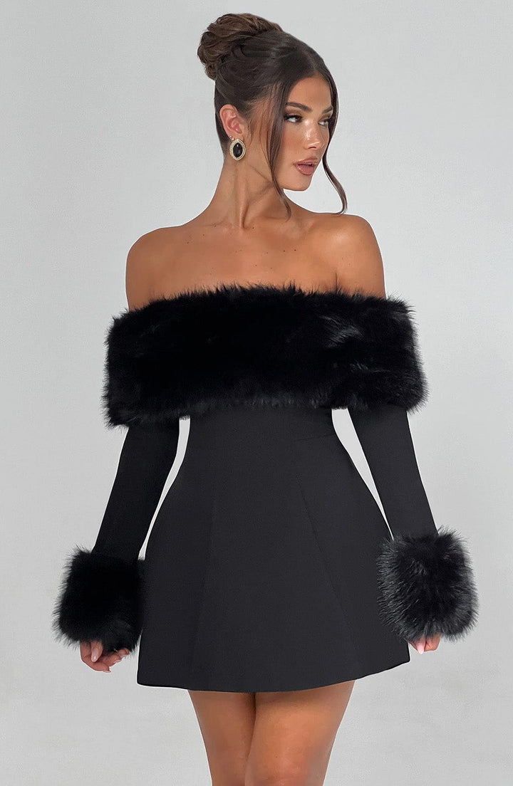 VALENTINE™ | Off-Shoulder Fur Sleeve Mini Dress